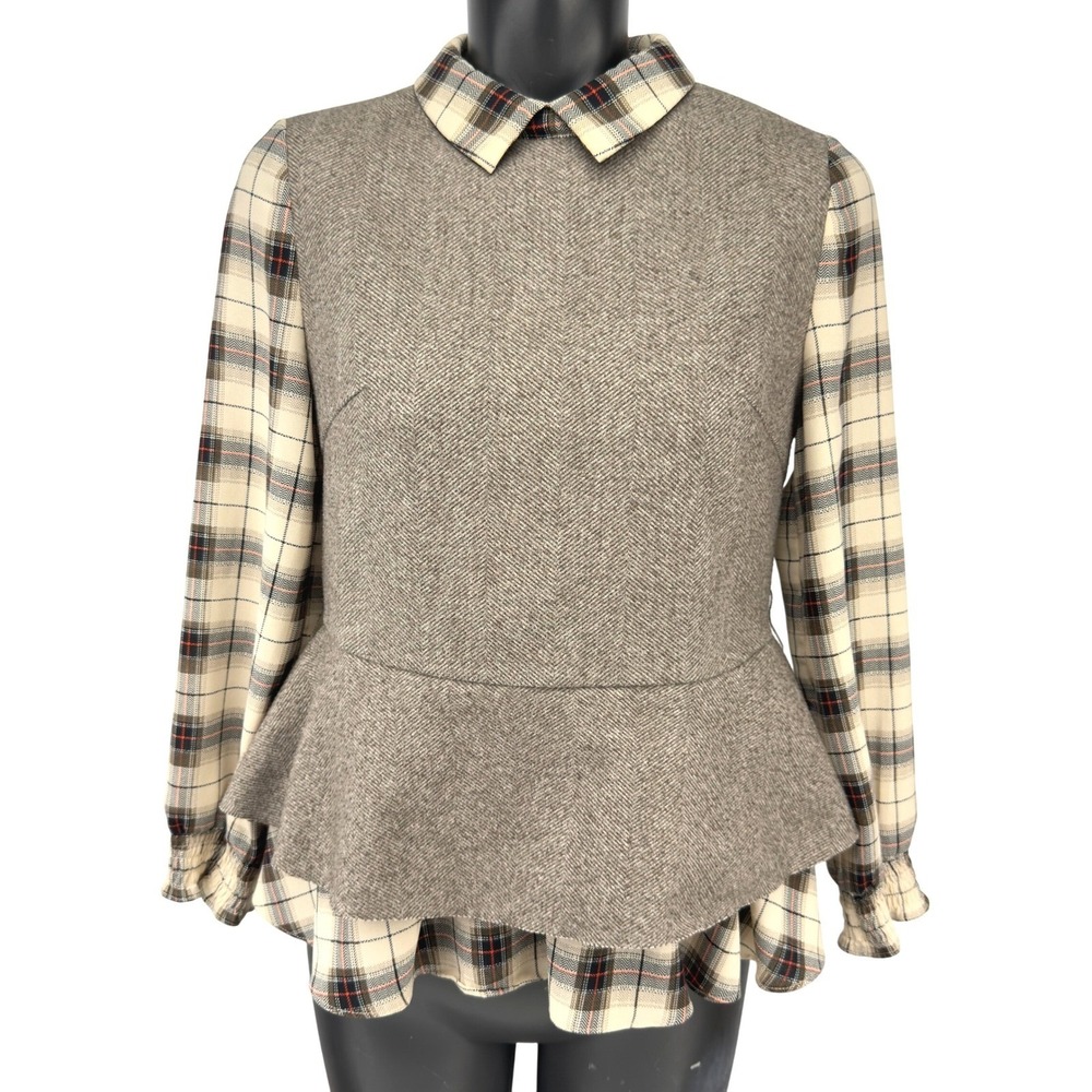 Plaid Collar Peplum Blouse in Cream and Taupe